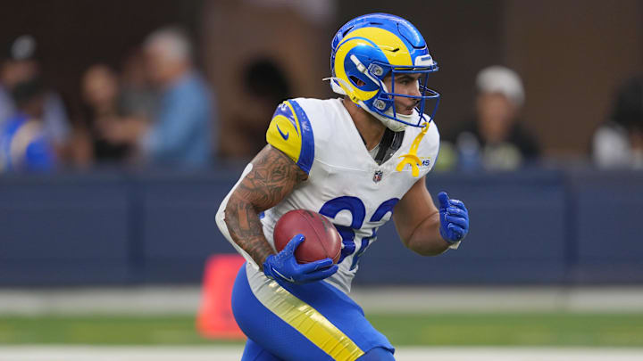 Aug 16, 2025; Inglewood, California, USA; Los Angeles Rams running back Cody Schrader (32) carries the ball against the Los Angeles Chargers in the second half at SoFi Stadium. Mandatory Credit: Kirby Lee-Imagn Images Aug 16, 2025; Inglewood, California, USA; Los Angeles Rams running back Cody Schrader (32) carries the ball against the Los Angeles Chargers in the second half at SoFi Stadium. Mandatory Credit: Kirby Lee-Imagn Images