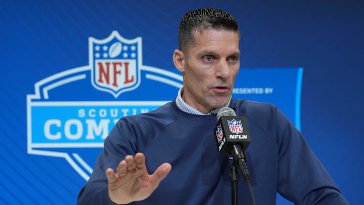 Feb 27, 2025; Indianapolis, IN, USA; Houston Texans general manager Nick Caserio speaks during the 2025 NFL Scouting Combine at the Indiana Convention Center. Mandatory Credit: Kirby Lee-Imagn Images