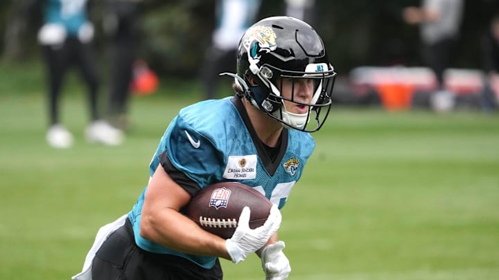 Jacksonville Jaguars running back Jake Funk (36) carries the ball during practice at The Grove.