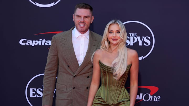 Jul 16, 2025; Hollywood, CA, USA; Los Angeles Dodgers first baseman Freddie Freeman (left) and wife Chelsea Freeman pose on the ESPYs red carpet at the Dolby Theatre. Jul 16, 2025; Hollywood, CA, USA; Los Angeles Dodgers first baseman Freddie Freeman (left) and wife Chelsea Freeman pose on the ESPYs red carpet at the Dolby Theatre.