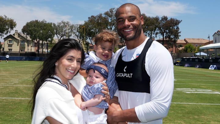 Dallas Cowboys quarterback Dak Prescott poses with fiancee Sarah Jane Ramos