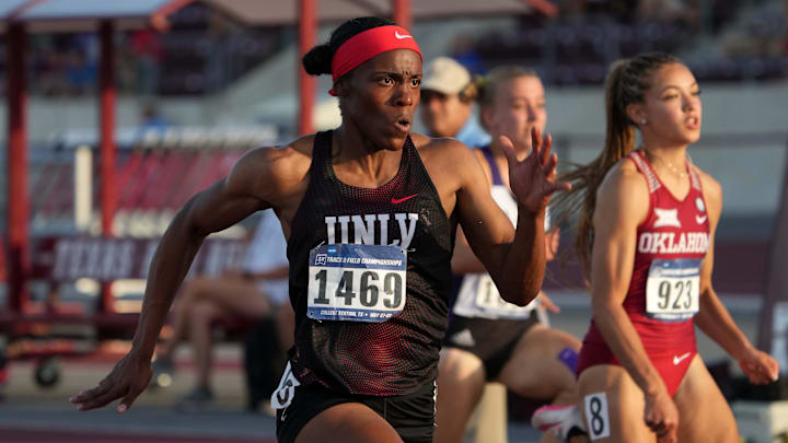 Cassondra Hall of UNLV wins women's 100m heat in a wind-aided 11.02 during the NCAA West Preliminary at E.B. Cushing Stadium. 