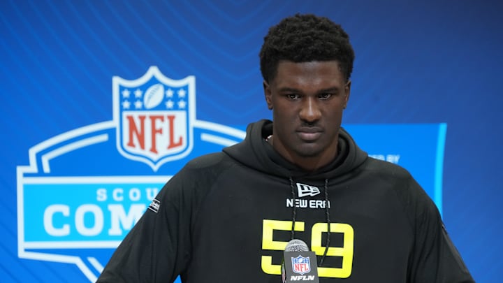 Feb 26, 2025; Indianapolis, IN, USA; Tennessee defensive lineman James Pearce (DL59) during the 2025 NFL Scouting Combine at the Indiana Convention Center. Mandatory Credit: Kirby Lee-Imagn Images