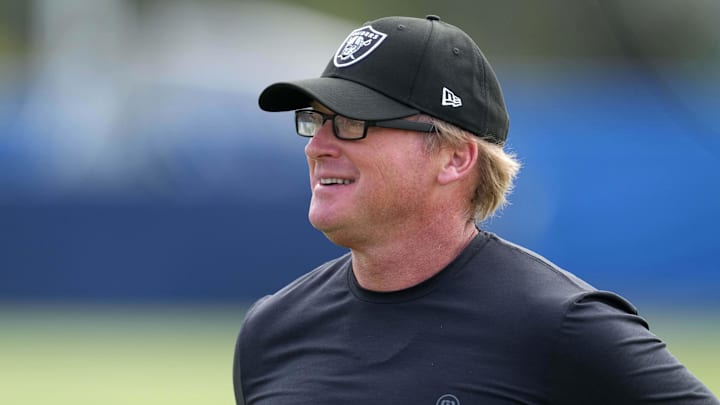 Aug 19, 2021; Thousand Oaks, CA, USA; Las Vegas Raiders coach Jon Gruden looks on during a joint practice against the Los Angeles Rams. Mandatory Credit: Kirby Lee-Imagn Images