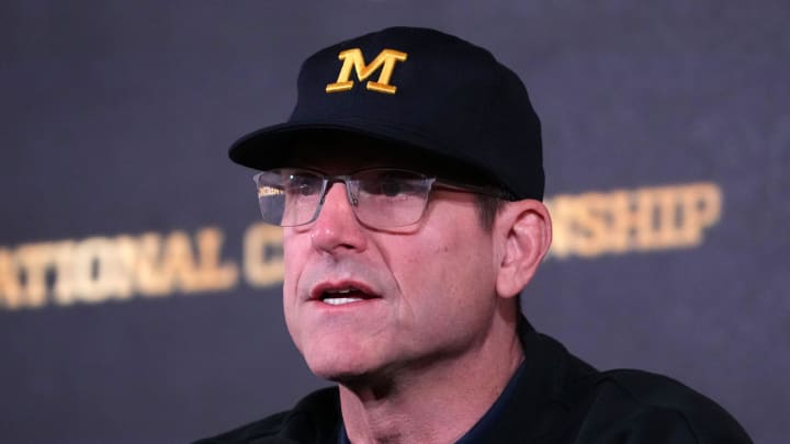 Jan 9, 2024; Houston, TX, USA; Michigan Wolverines coach Jim Harbaugh during College Football National Championship press conference at JW Marriot Houston by the Galleria. Mandatory Credit: Kirby Lee-USA TODAY Sports Jan 9, 2024; Houston, TX, USA; Michigan Wolverines coach Jim Harbaugh during College Football National Championship press conference at JW Marriot Houston by the Galleria. Mandatory Credit: Kirby Lee-USA TODAY Sports