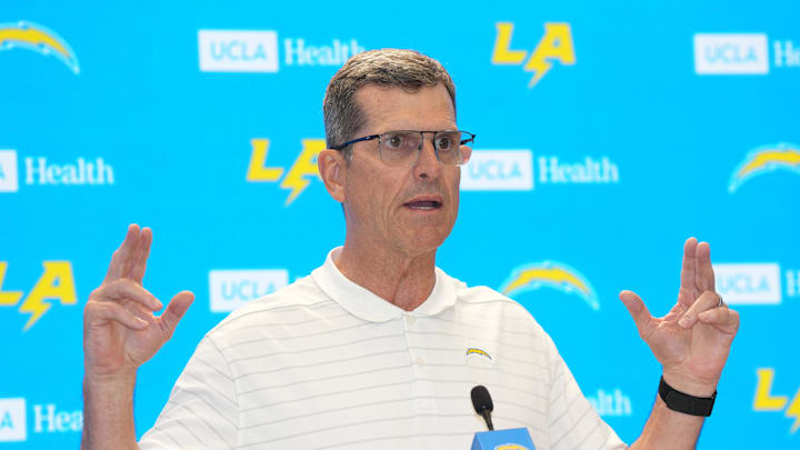  Los Angeles Chargers coach Jim Harbaugh . Mandatory Credit: Kirby Lee-Imagn Images