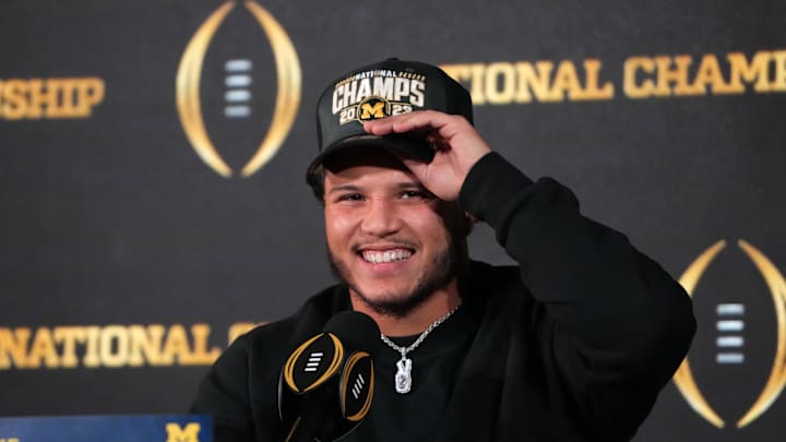 Jan 9, 2024; Houston, TX, USA; Michigan Wolverines running back Blake Corum during College Football National Championship press conference at JW Marriot Houston by the Galleria. Mandatory Credit: Kirby Lee-Imagn Images