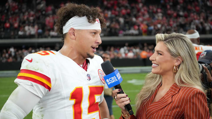 Oct 27, 2024; Paradise, Nevada, USA; Kansas City Chiefs quarterback Patrick Mahomes (15) is interviewed by CBS Sports reporter Melanie Collins after the game against the Las Vegas Raiders at Allegiant Stadium. Mandatory Credit: Kirby Lee-Imagn Images