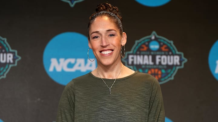 Mar 31, 2022; Minneapolis, MN, USA; ESPN analyst Rebecca Lobo poses during NCAA Womens Final Four press conference at Target Center. Mandatory Credit: Kirby Lee-Imagn Images Mar 31, 2022; Minneapolis, MN, USA; ESPN analyst Rebecca Lobo poses during NCAA Womens Final Four press conference at Target Center. Mandatory Credit: Kirby Lee-Imagn Images