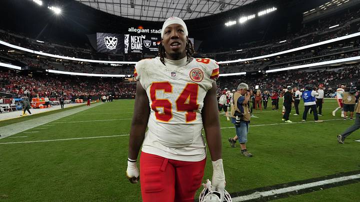 Oct 27, 2024; Paradise, Nevada, USA; Kansas City Chiefs offensive tackle Wanya Morris (64) leaves the field after the game against the Las Vegas Raiders at Allegiant Stadium. Mandatory Credit: Kirby Lee-Imagn Images