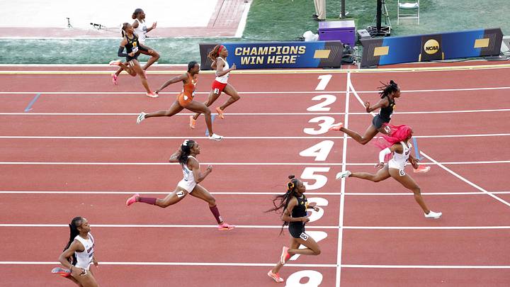 Jun 14, 2025; Eugene, OR, USA; JaMeesia Ford of South Carolina defeats Madison Whyte of Southern California to win the women's 200m in 22.21 during the NCAA Track and Field Championships at Hayward Field. From top: Gabrielle Matthews of Florida (1), Samirah Moody of Southern California (2), Leah Bertand of Ohio State (3), Keondra Dsvis of Texas (4), Madison Whyte of Southern California (6), Jasmine Montgomery of Texas A&M (7), Dajaz Defrand of Southern California (8) and Jayla Jamison of Jun 14, 2025; Eugene, OR, USA; JaMeesia Ford of South Carolina defeats Madison Whyte of Southern California to win the women's 200m in 22.21 during the NCAA Track and Field Championships at Hayward Field. From top: Gabrielle Matthews of Florida (1), Samirah Moody of Southern California (2), Leah Bertand of Ohio State (3), Keondra Dsvis of Texas (4), Madison Whyte of Southern California (6), Jasmine Montgomery of Texas A&M (7), Dajaz Defrand of Southern California (8) and Jayla Jamison of