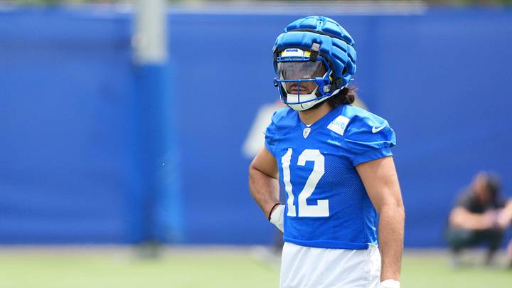 Jun 3, 2025; Woodland Hills, CA, USA; Los Angeles Rams receiver Puka Nacua (12) during organized team activities at Rams Practice Facility. Mandatory Credit: Kirby Lee-Imagn Images