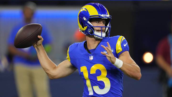 Aug 12, 2023; Inglewood, California, USA; Los Angeles Rams quarterback Stetson Bennett (13) throws the ball in the second half against the Los Angeles Chargers at SoFi Stadium. Mandatory Credit: Kirby Lee-USA TODAY Sports