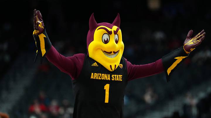 Mar 13, 2024; Las Vegas, NV, USA; Arizona State Sun Devils mascot Sparky during the game against the Utah Utes at the T-Mobile Arena. Mandatory Credit: Kirby Lee-USA TODAY Sports Mar 13, 2024; Las Vegas, NV, USA; Arizona State Sun Devils mascot Sparky during the game against the Utah Utes at the T-Mobile Arena. Mandatory Credit: Kirby Lee-USA TODAY Sports