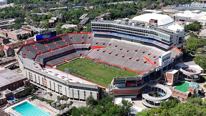 Apr 5, 2025; Gainesville, FL, USA; A general overall aerial view of Ben Hill Griffin Stadium on the campus of the University of Florida. Mandatory Credit: Kirby Lee-Imagn Images Apr 5, 2025; Gainesville, FL, USA; A general overall aerial view of Ben Hill Griffin Stadium on the campus of the University of Florida. Mandatory Credit: Kirby Lee-Imagn Images