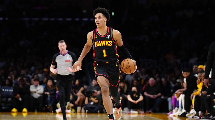 Mar 18, 2024; Los Angeles, California, USA; Atlanta Hawks forward Jalen Johnson (1) dribbles the ball against the Los Angeles Lakers in the first half at Crypto.com Arena. Mandatory Credit: Kirby Lee-USA TODAY Sports Mar 18, 2024; Los Angeles, California, USA; Atlanta Hawks forward Jalen Johnson (1) dribbles the ball against the Los Angeles Lakers in the first half at Crypto.com Arena. Mandatory Credit: Kirby Lee-USA TODAY Sports