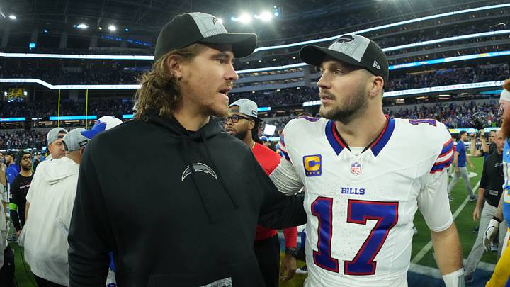 Dec 23, 2023; Inglewood, California, USA; Los Angeles Chargers quarterback Justin Herbert (left) shakes hands with Buffalo Bills quarterback Josh Allen (17) after the game at SoFi Stadium. Mandatory Credit: Kirby Lee-USA TODAY Sports Dec 23, 2023; Inglewood, California, USA; Los Angeles Chargers quarterback Justin Herbert (left) shakes hands with Buffalo Bills quarterback Josh Allen (17) after the game at SoFi Stadium. Mandatory Credit: Kirby Lee-USA TODAY Sports