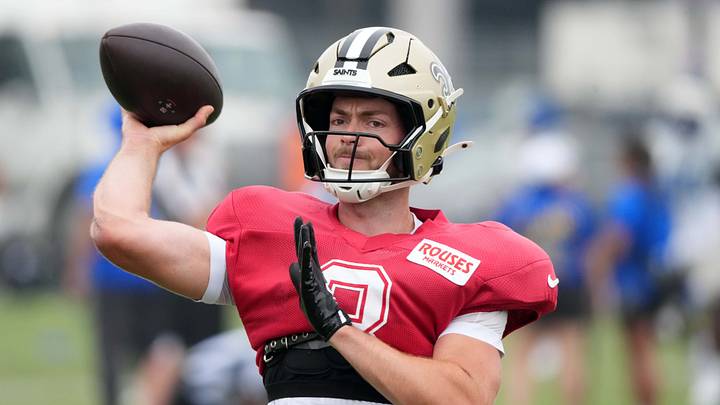 Aug 14, 2025; Carson, CA, USA; New Orleans Saints quarterback Jake Haener (3) throws the ball against the Los Angeles Rams during a joint practice at the Dignity Health Sports Park.  