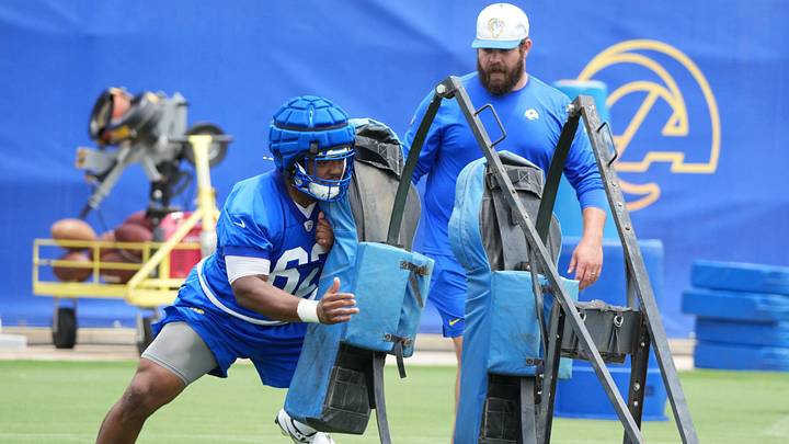 Jun 3, 2025; Woodland Hills, CA, USA; Los Angeles Rams lineman Willie Lampkin (62) during organized team activities at Rams Practice Facility. Mandatory Credit: Kirby Lee-Imagn Images Jun 3, 2025; Woodland Hills, CA, USA; Los Angeles Rams lineman Willie Lampkin (62) during organized team activities at Rams Practice Facility. Mandatory Credit: Kirby Lee-Imagn Images