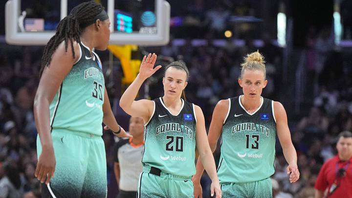 Aug 15, 2024; Los Angeles, California, USA; New York Liberty forward Jonquel Jones (35), guard Sabrina Ionescu (20) and forward Leonie Fiebich (13) react against the LA Sparks in the first half at Crypto.com Arena. Mandatory Credit: Kirby Lee-USA TODAY Sports Aug 15, 2024; Los Angeles, California, USA; New York Liberty forward Jonquel Jones (35), guard Sabrina Ionescu (20) and forward Leonie Fiebich (13) react against the LA Sparks in the first half at Crypto.com Arena. Mandatory Credit: Kirby Lee-USA TODAY Sports