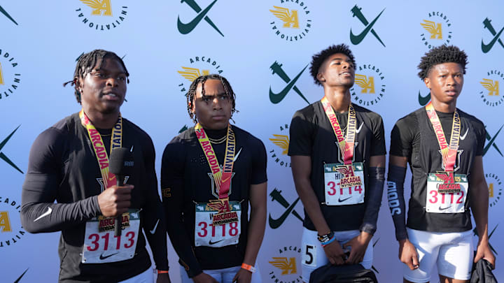 Servite track and field boys' relay team medals at the 2025 Arcadia Invitational.