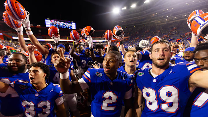 Florida Gators quarterback DJ Lagway (2) sings with his team at the end of the game at Ben Hill Griffin Stadium in Gainesville, FL on Saturday, October 5, 2024. The Gators defeated the Knights 24-13. [Doug Engle/Gainesville Sun]