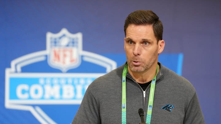 Carolina Panthers general manager Dan Morgan speaks at the NFL Scouting Combine 