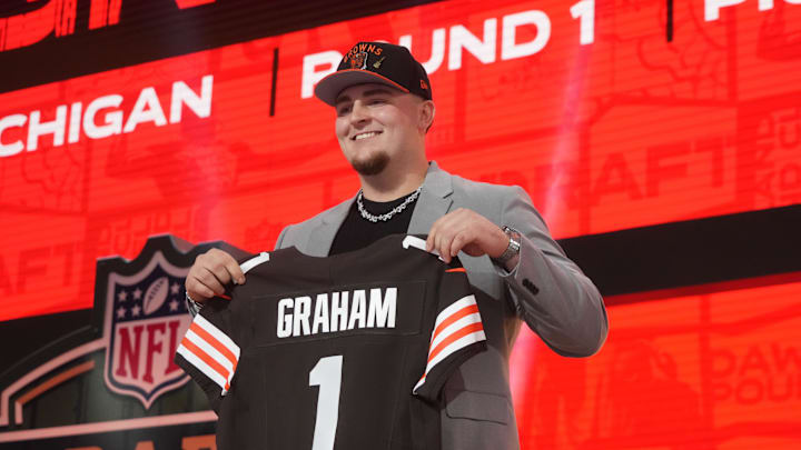 Apr 24, 2025; Green Bay, WI, USA; Michigan Wolverines defensive lineman Mason Graham is selected by the Cleveland Browns as the number five pick in the first round of the 2025 NFL Draft at Lambeau Field. Mandatory Credit: Kirby Lee-Imagn Images