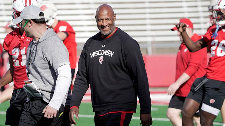 Wisconsin secondary coach Paul Haynes is shown during spring football practice Tuesday, April 21, 2026 at Camp Randall Stadium in Madison, Wisconsin.