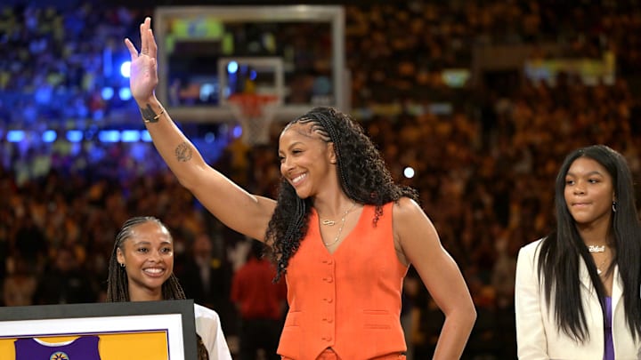 Jun 29, 2025; Los Angeles, California, USA; Former Los Angeles Sparks Candace Parker acknowledges the crowd during a  jersey retirement ceremony at halftime at Crypto.com Arena. Mandatory Credit: Jayne Kamin-Oncea-Imagn Images