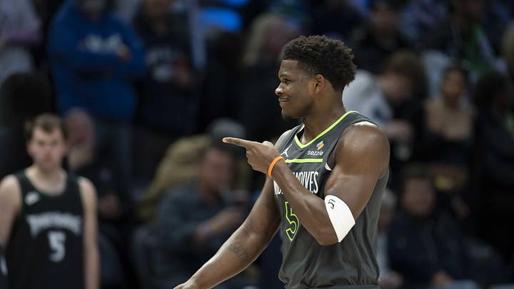 Jan 11, 2026; Minneapolis, Minnesota, USA; Minnesota Timberwolves guard Anthony Edwards (5) points to the San Antonio Spurs bench in the first half at Target Center. Mandatory Credit: Jesse Johnson-Imagn Images