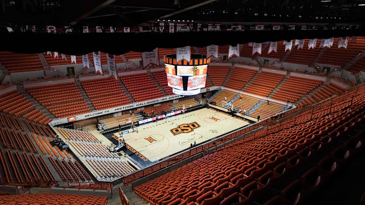 Jan 14, 2019; Stillwater, OK, USA; A view of Eddie Sutton Court at Gallagher-Iba Arena before the Baylor Bears vs Oklahoma State Cowboys. Mandatory Credit: Rob Ferguson-Imagn Images