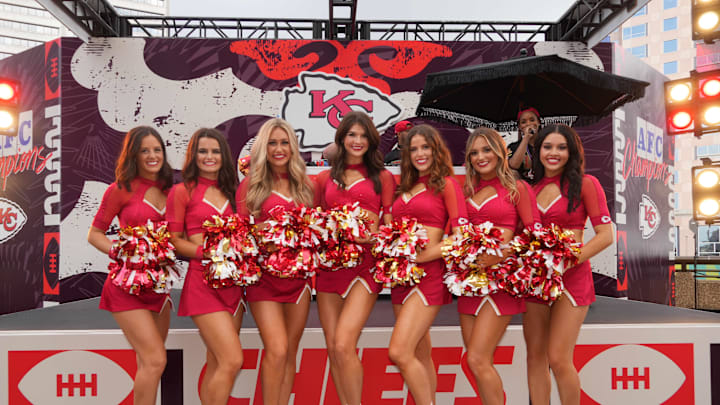 Feb 9, 2025; New Orleans, LA, USA;  Kansas City Chiefs cheerleaders pose for a photo before Super Bowl LIX against the Philadelphia Eagles at Ceasars Superdome. Mandatory Credit: Kirby Lee-Imagn Images