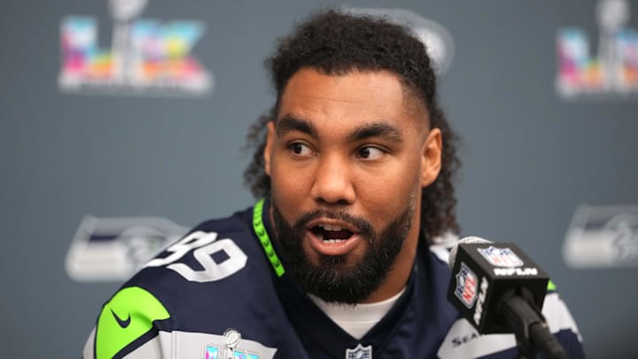Seattle Seahawks defensive end Leonard Williams talks to the media