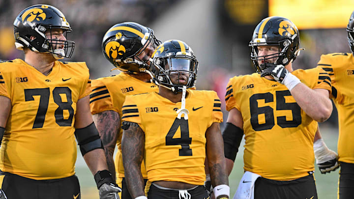 Oct 21, 2023; Iowa City, Iowa, USA; Iowa Hawkeyes running back Leshon Williams (4) and offensive