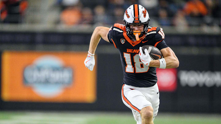 Oct 18, 2025; Corvallis, Oregon, USA; Oregon State Beavers wide receiver Karson Boschma (18) runs with the ball after a catch during the fourth quarter against the Lafayette Leopards at Reser Stadium. Mandatory Credit: Craig Strobeck-Imagn Images Oct 18, 2025; Corvallis, Oregon, USA; Oregon State Beavers wide receiver Karson Boschma (18) runs with the ball after a catch during the fourth quarter against the Lafayette Leopards at Reser Stadium. Mandatory Credit: Craig Strobeck-Imagn Images