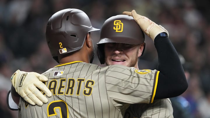 Aug 6, 2025; Phoenix, Arizona, USA; San Diego Padres first base Ryan O'Hearn (32) hugs San Diego Padres shortstop Xander Bogaerts (2) after hitting a solo home run against the Arizona Diamondbacks during the ninth inning at Chase Field. Mandatory Credit: Joe Camporeale-Imagn Images Aug 6, 2025; Phoenix, Arizona, USA; San Diego Padres first base Ryan O'Hearn (32) hugs San Diego Padres shortstop Xander Bogaerts (2) after hitting a solo home run against the Arizona Diamondbacks during the ninth inning at Chase Field. Mandatory Credit: Joe Camporeale-Imagn Images