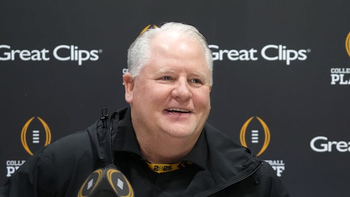Jan 18, 2025; Atlanta, GA, USA; Ohio State Buckeyes offensive coordinator Chip Kelly during 2025 CFP National Championship Media Day at Georgia World Congress Center, Building A. Mandatory Credit: Kirby Lee-Imagn Images