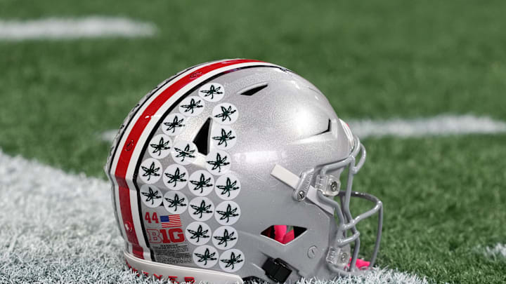 Jan 18, 2025; Atlanta, GA, USA; A Ohio State Buckeyes helmet on the field during practice at Mercedes-Benz Stadium. Mandatory Credit: Kirby Lee-Imagn Images