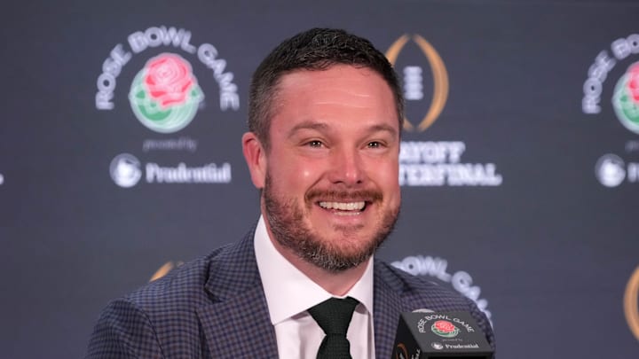 Dec 31, 2024; Los Angeles, California, USA; Oregon Ducks head coach Dan Lanning during the Rose Bowl head coaches press conference at Sheraton Grand LA. Mandatory Credit: Kirby Lee-Imagn Images