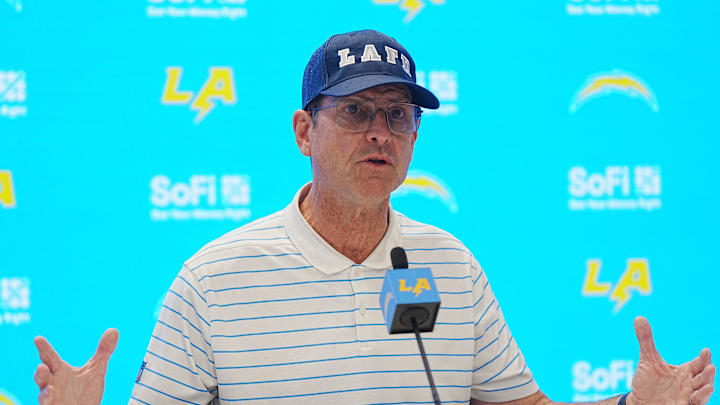 Jan 15, 2025; El Segundo, CA, USA; Los Angeles Chargers coach Jim Harbaugh at a press conference at The Bolt. Mandatory Credit: Kirby Lee-Imagn Images