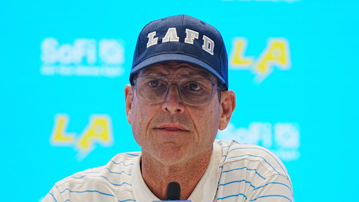 Jan 15, 2025; El Segundo, CA, USA; Los Angeles Chargers coach Jim Harbaugh at a press conference at The Bolt. Mandatory Credit: Kirby Lee-Imagn Images