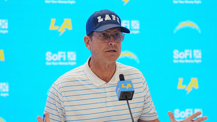 Jan 15, 2025; El Segundo, CA, USA; Los Angeles Chargers coach Jim Harbaugh at a press conference at The Bolt. Mandatory Credit: Kirby Lee-Imagn Images