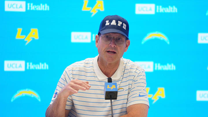 Jan 15, 2025; El Segundo, CA, USA; Los Angeles Chargers coach Jim Harbaugh at a press conference at The Bolt. Mandatory Credit: Kirby Lee-Imagn Images