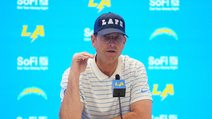 Jan 15, 2025; El Segundo, CA, USA; Los Angeles Chargers coach Jim Harbaugh at a press conference at The Bolt. Mandatory Credit: Kirby Lee-Imagn Images