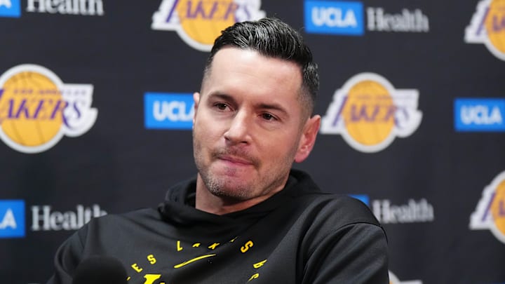 Nov 29, 2024; Los Angeles, California, USA; Los Angeles Lakers coach J.J. Redick at a press conference at Crypto.com Arena. Mandatory Credit: Kirby Lee-Imagn Images