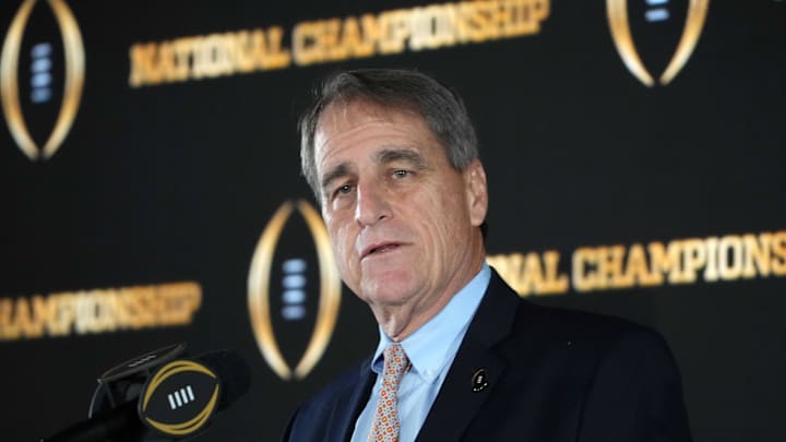 Jan 21, 2025; Atlanta, GA, USA; Miami 2026 College Football Playoff host committee member Jack Seiler speaks during the CFP National Championship Host Committee handoff press conference at The Westin Peachtree Plaza, Savannah Ballroom. Mandatory Credit: Kirby Lee-Imagn Images