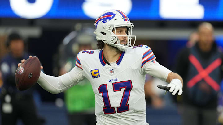 Dec 8, 2024; Inglewood, California, USA; Buffalo Bills quarterback Josh Allen (17) throws the ball against the Los Angeles Rams in the second half at SoFi Stadium. Mandatory Credit: Kirby Lee-Imagn Images