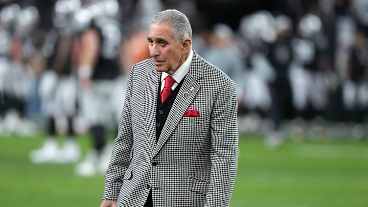 Dec 16, 2024; Paradise, Nevada, USA; Atlanta Falcons owner Arthur Blank reacts during the game against the Las Vegas Raiders at Allegiant Stadium. Mandatory Credit: Kirby Lee-Imagn Images