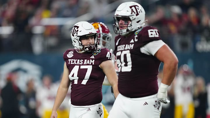 Dec 27, 2024; Las Vegas, NV, USA; Texas A&M Aggies place kicker Randy Bond (47) reacts after missing a field goal against the Southern California Trojans in the second half at Allegiant Stadium. Mandatory Credit: Kirby Lee-Imagn Images